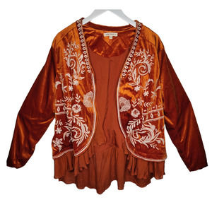 Indigo Thread Rust Velvet Bolero White Embroidery - Sz XL